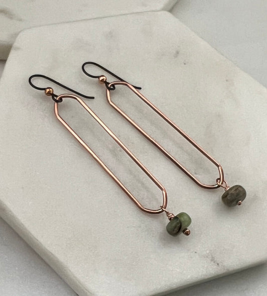 Copper oval hoops with serpentine jasper  gemstones