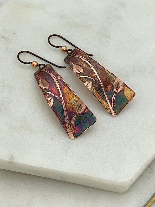 Acid etched copper irregular rectangle earrings
