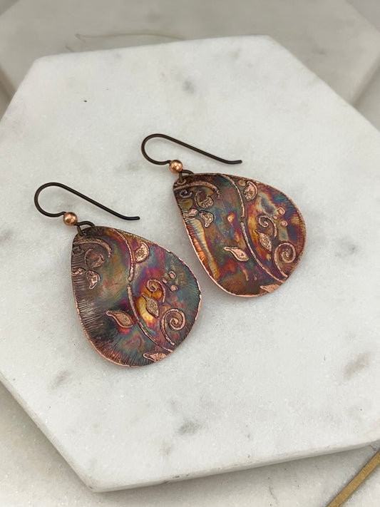 Acid etched copper medium teardrop earrings