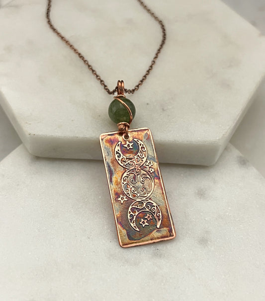 Copper and jade triple moon necklace