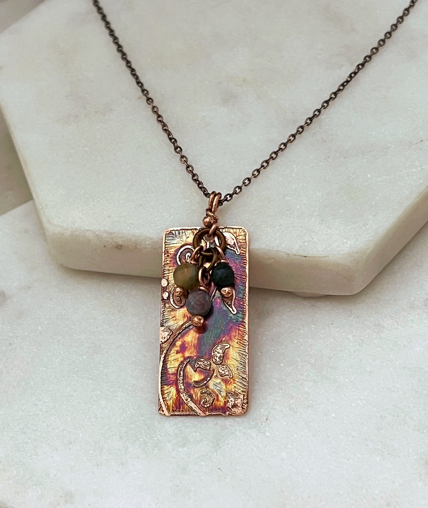 Acid etched copper necklace with a India Agate gemstones