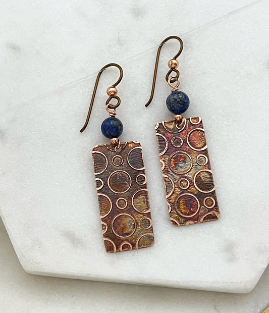 Acid etched copper earrings with lapis gemstones