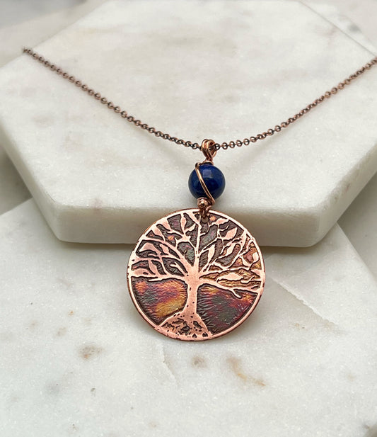Copper and lapis rooted tree necklace