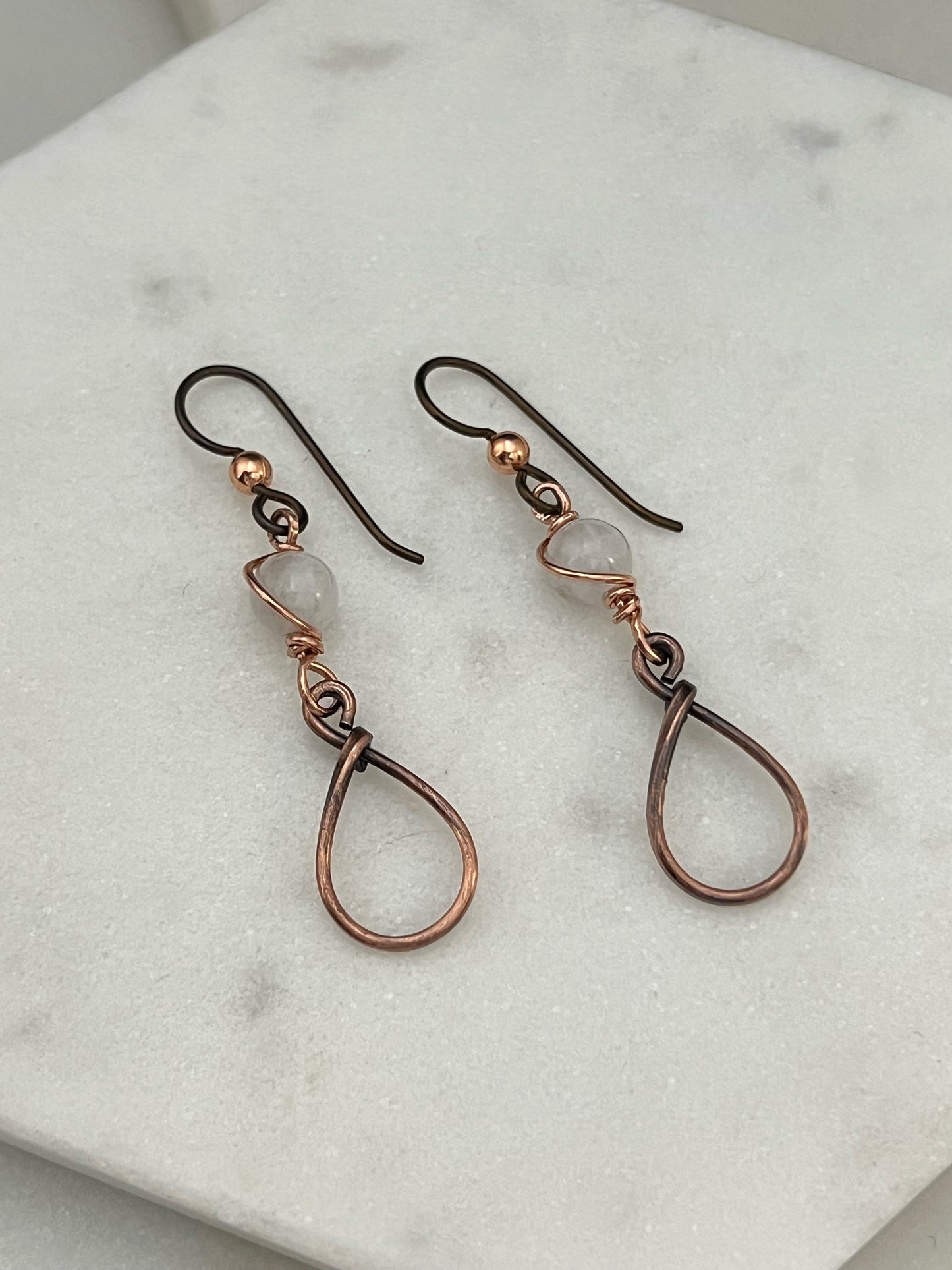 Copper teardrop hoop earrings with moonstone