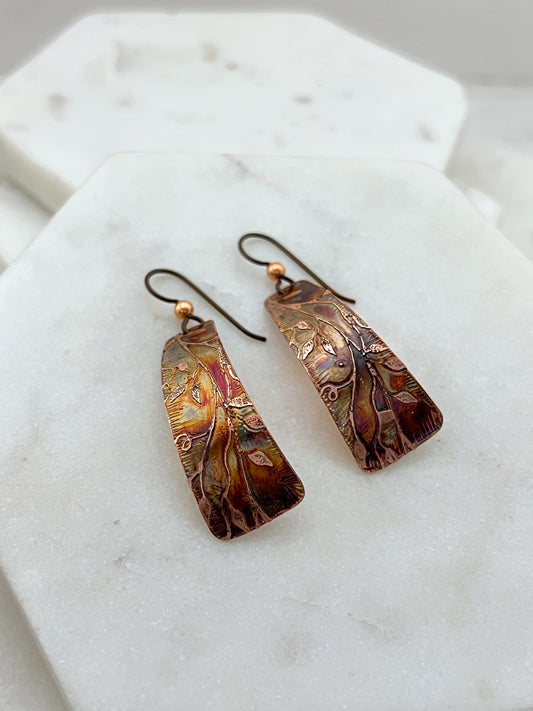 Acid etched copper irregular rectangle earrings