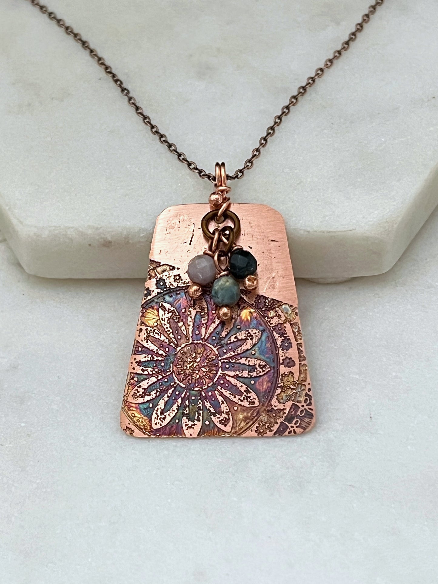 Acid etched copper necklace with India Agate gemstones
