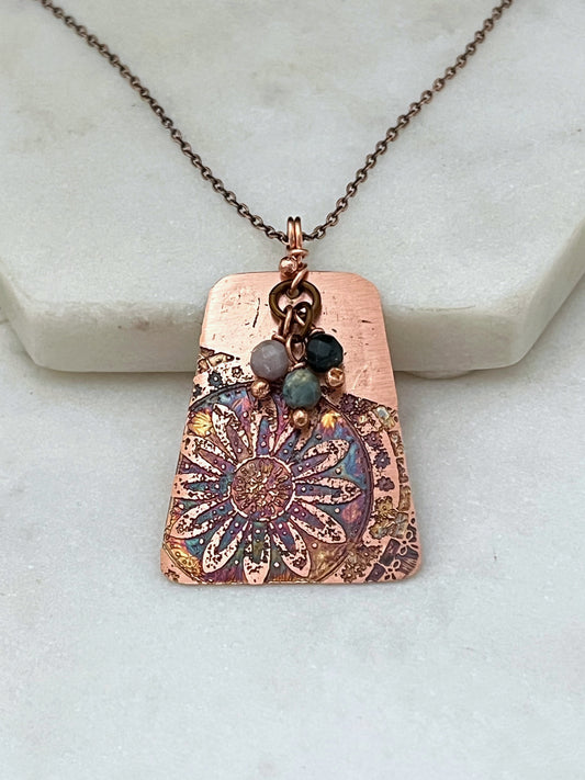 Acid etched copper necklace with India Agate gemstones
