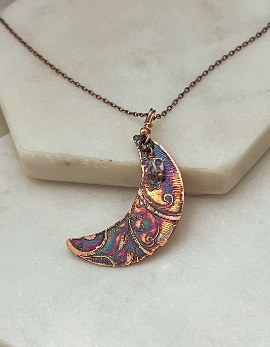 Acid etched copper crescent necklace with Herkimer Diamond gemstone
