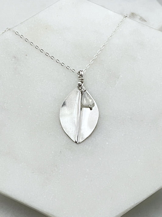 Forged sterling silver leaf necklace with moonstone gemstone