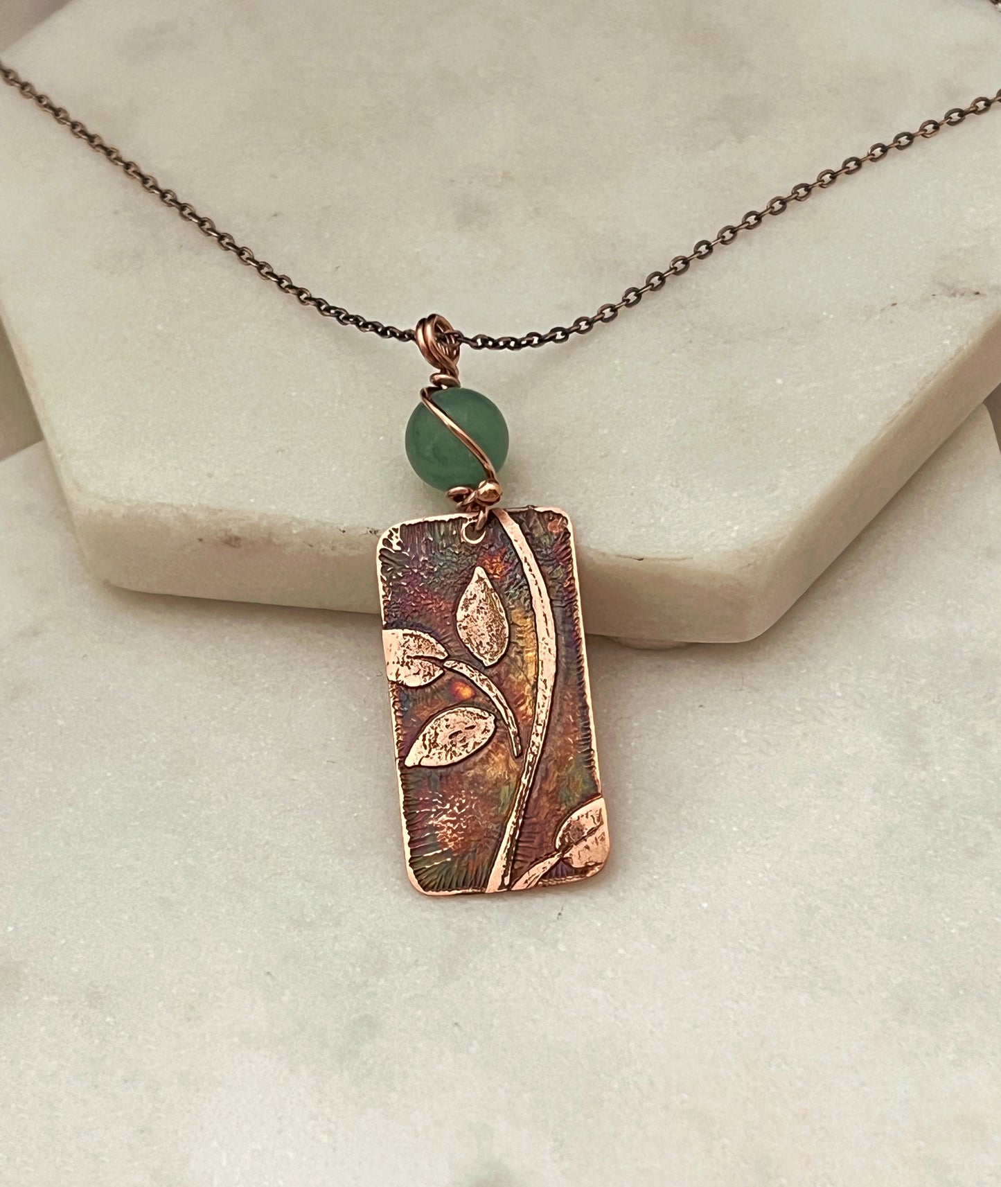 Acid etched copper leaf necklace with aventurine gemstone