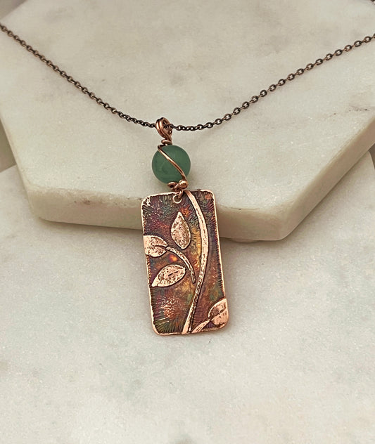 Acid etched copper leaf necklace with aventurine gemstone