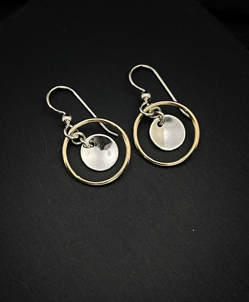 Mixed metal hoop 14 katat gold and sterling silver earrings