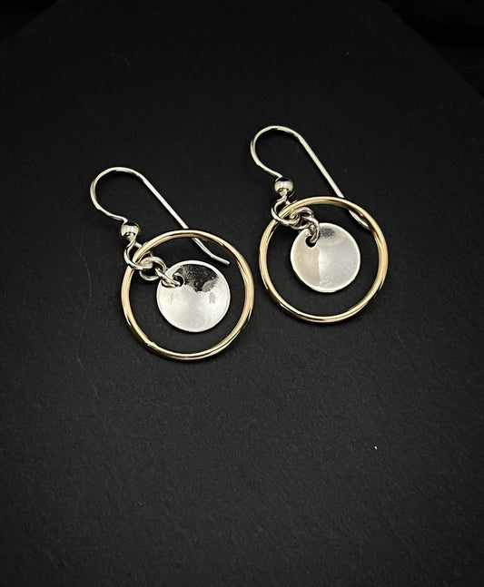 Mixed metal hoop 14 katat gold and sterling silver earrings