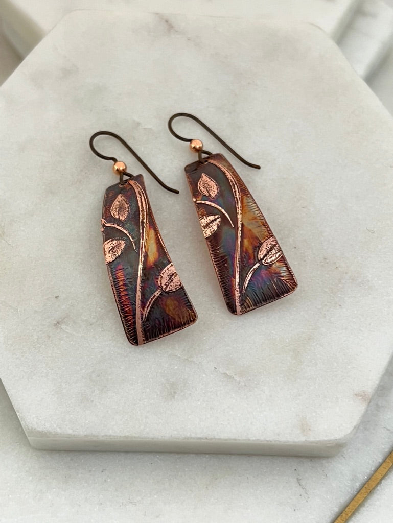 Acid etched copper irregular rectangle earrings