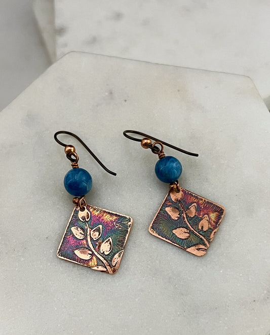 Acid etched copper earrings with apatite gemstones