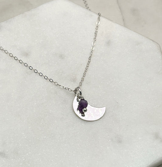 Forged sterling silver moon necklace with amethyst moonstone