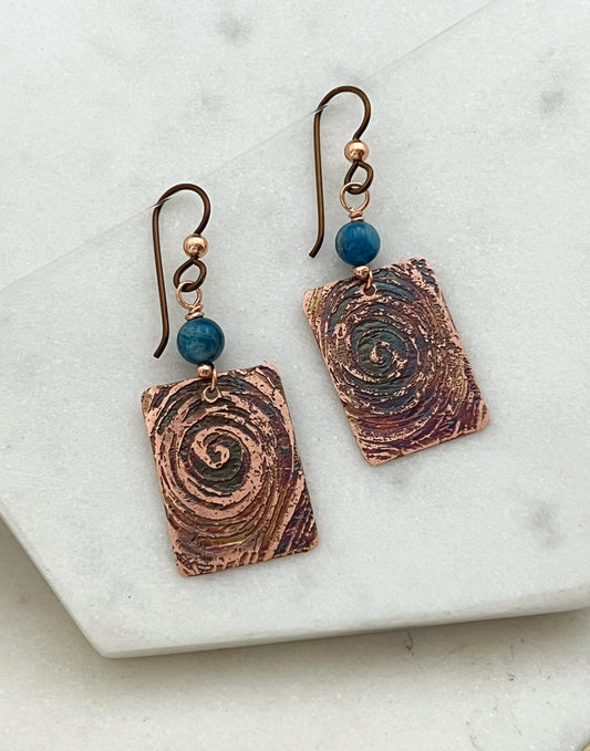 Acid etched copper earrings with apatite gemstones