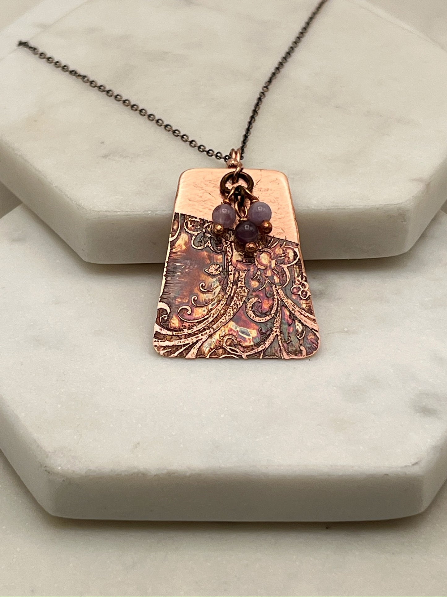Acid etched copper necklace with amethyst gemstones