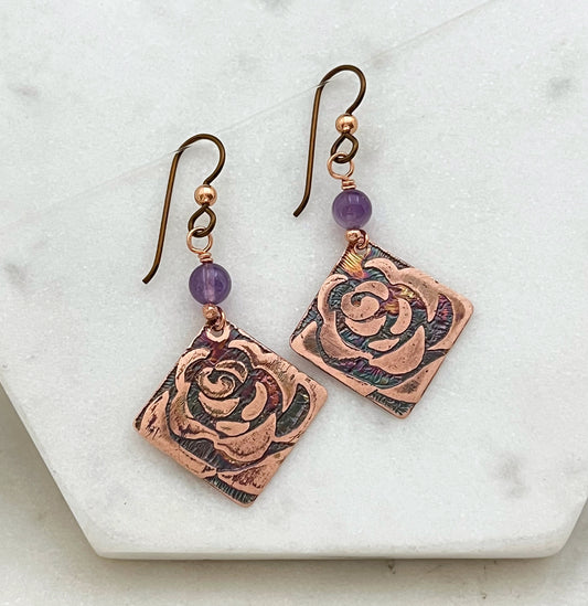 Acid etched copper earrings with amethyst gemstones