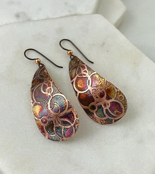 Large acid etched copper teardrop earrings
