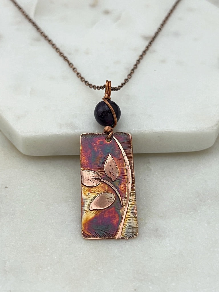 Acid etched copper leaf necklace with amethyst gemstone