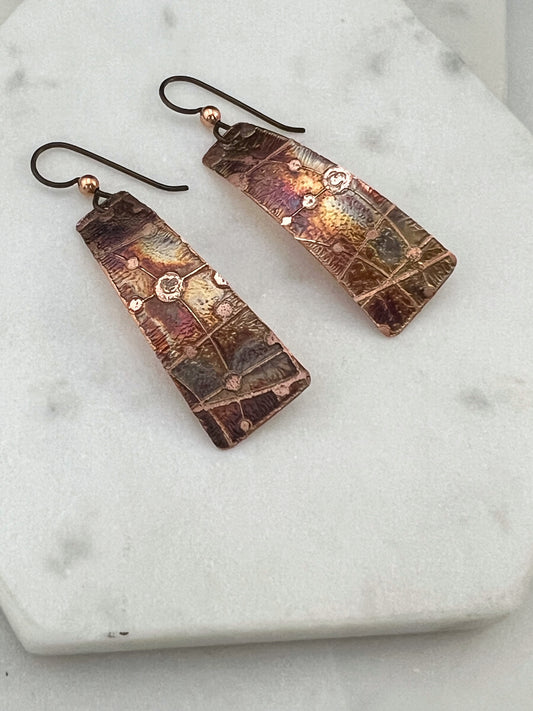 Acid etched copper irregular rectangle earrings