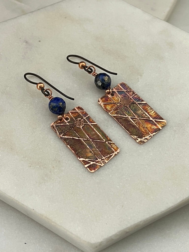 Acid etched copper earrings with lapis gemstones