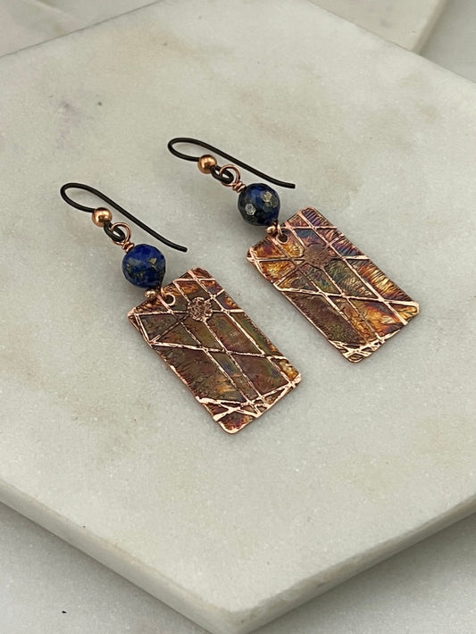 Acid etched copper earrings with lapis gemstones