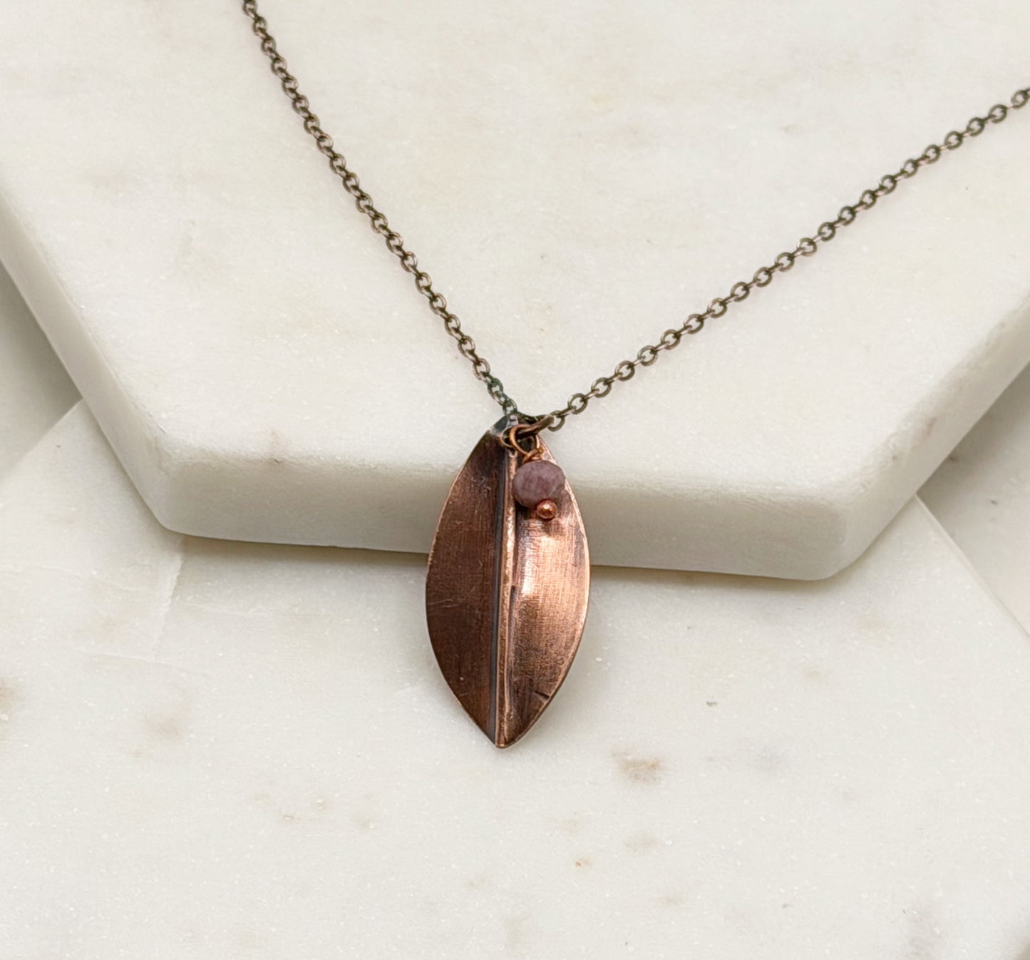 Pink Tourmaline & Copper Leaf Necklace
