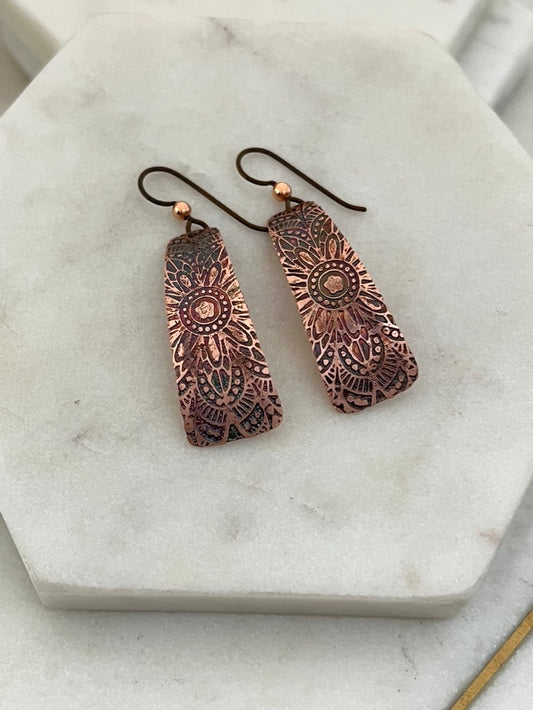 Acid etched copper irregular rectangle earrings