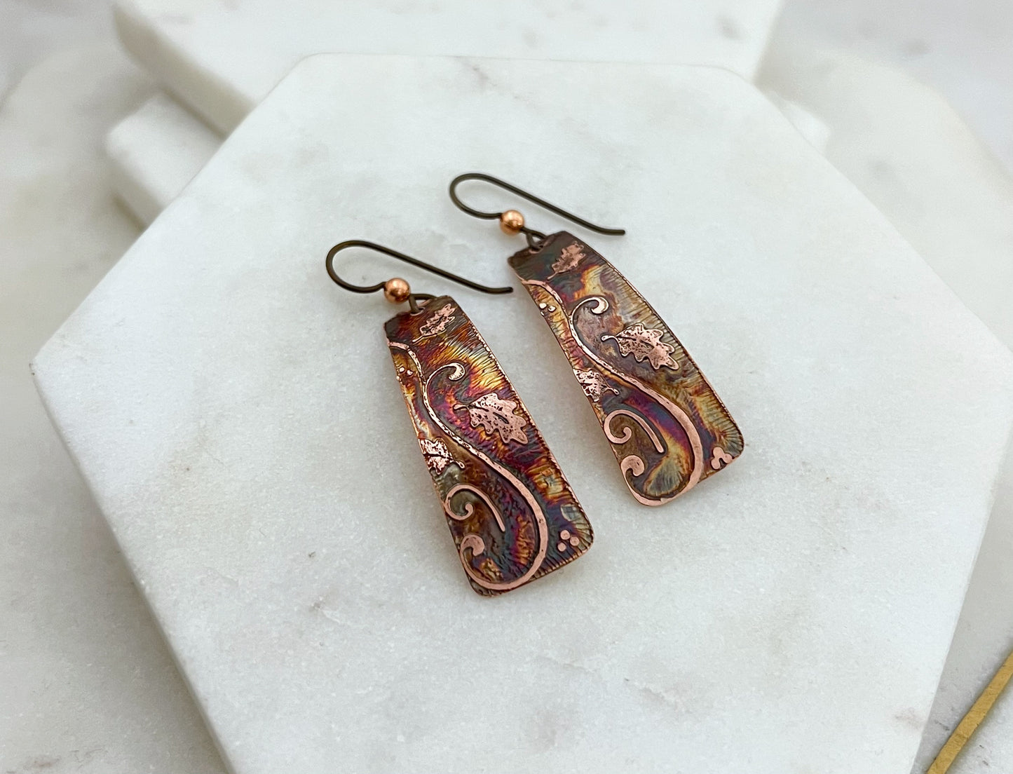 Acid etched copper irregular rectangle earrings