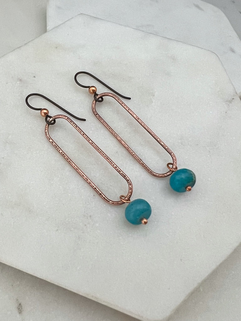 Copper oval hoops with serpentine jasper gemstones
