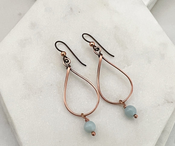 Copper teardrop hoop earrings with amazonite