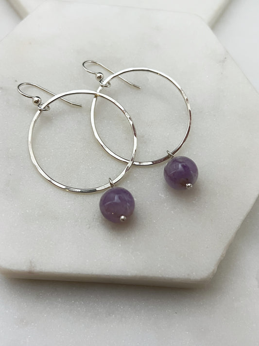 Sterling silver hoop earrings with amethyst gemstones