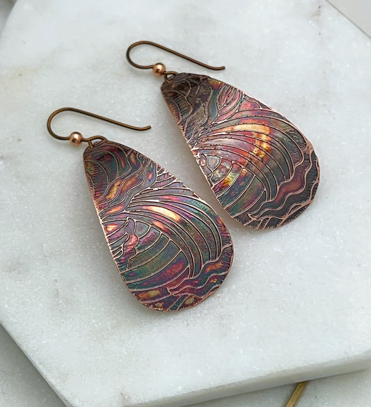 Large acid etched copper teardrop earrings