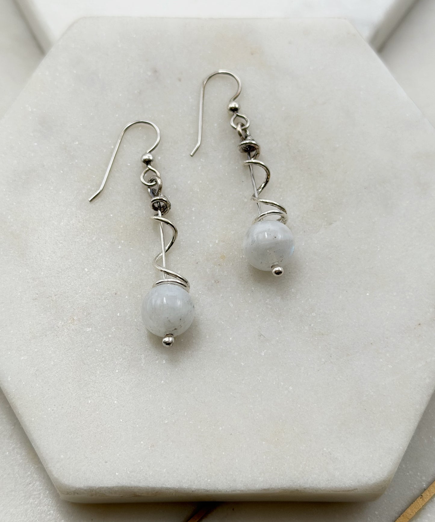 Rainbow Moonstone & Sterling Silver Spiral Earrings