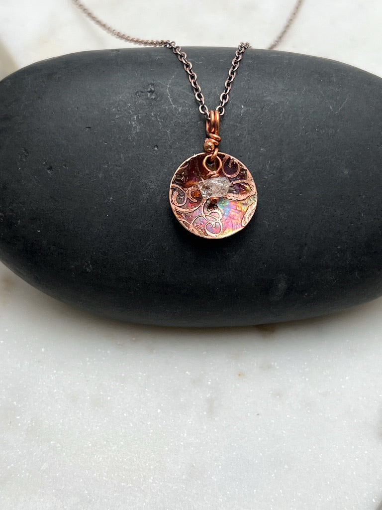 Acid etched copper necklace with Herkimer diamond gemstone