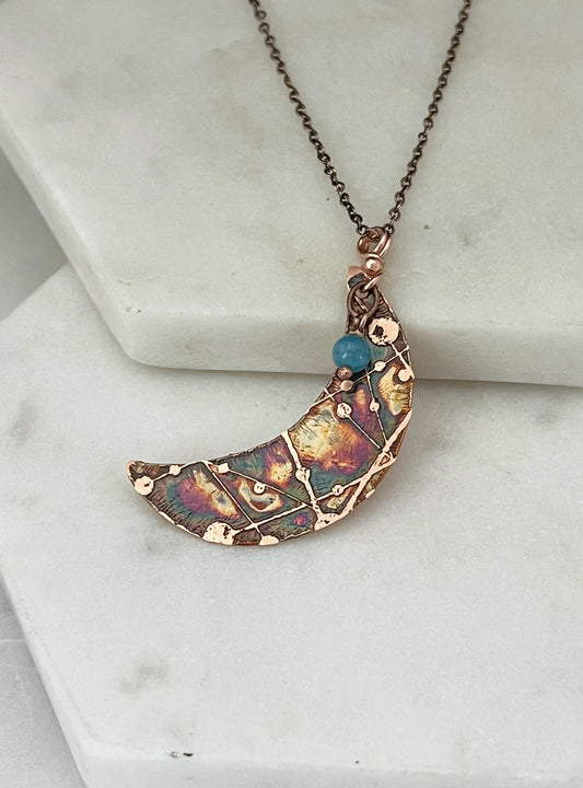 Acid etched copper crescent necklace with apatite gemstone