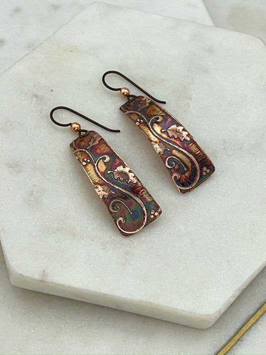Acid etched copper irregular rectangle earrings