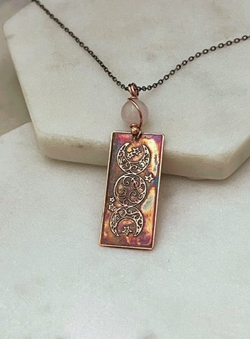 Acid etched copper moon necklace with rose quartz gemstone