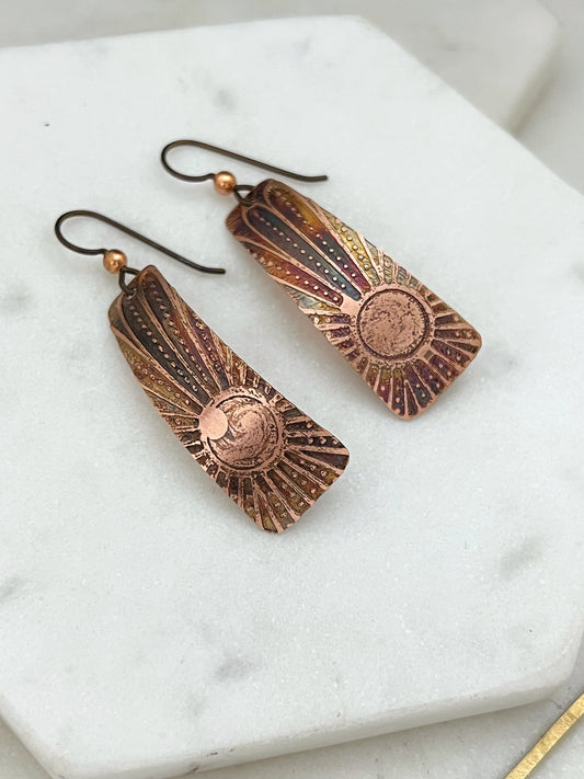 Acid etched copper irregular rectangle earrings