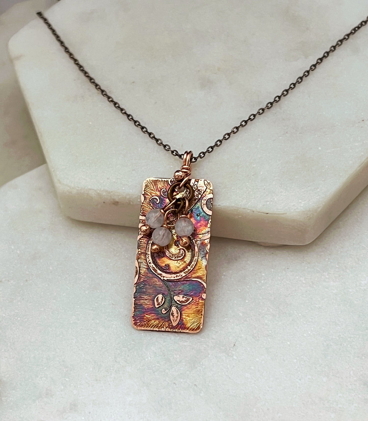 Acid etched copper necklace with a moonstone gemstones
