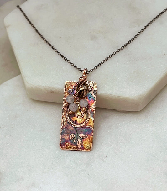 Acid etched copper necklace with a moonstone gemstones