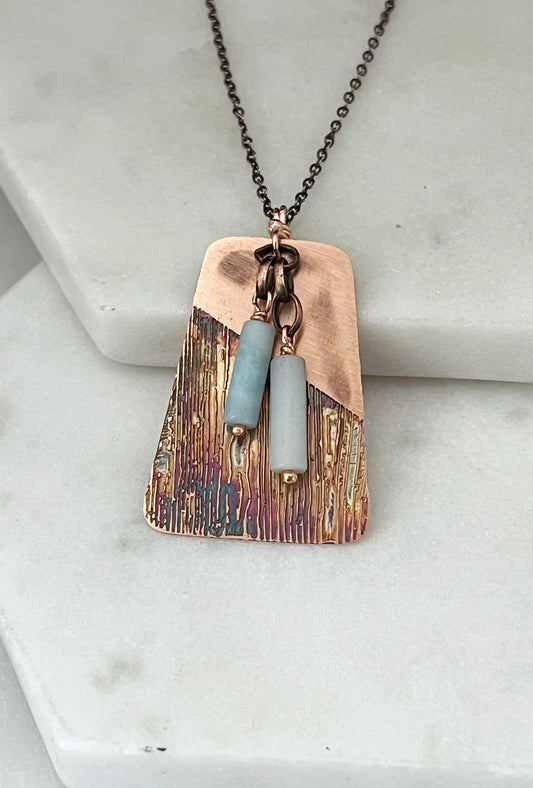 Acid etched copper necklace with amazonite gemstone