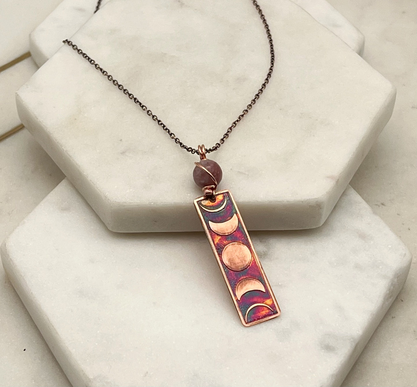 Moon phase acid etched copper necklace with lepidolite gemstone