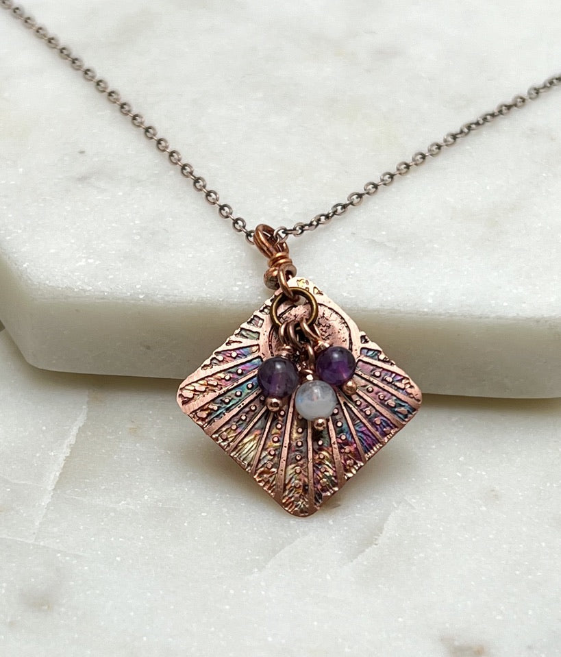 Acid etched copper necklace with moonstone and amethyst gemstones