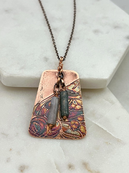 Acid etched copper necklace with tree agate gemstone