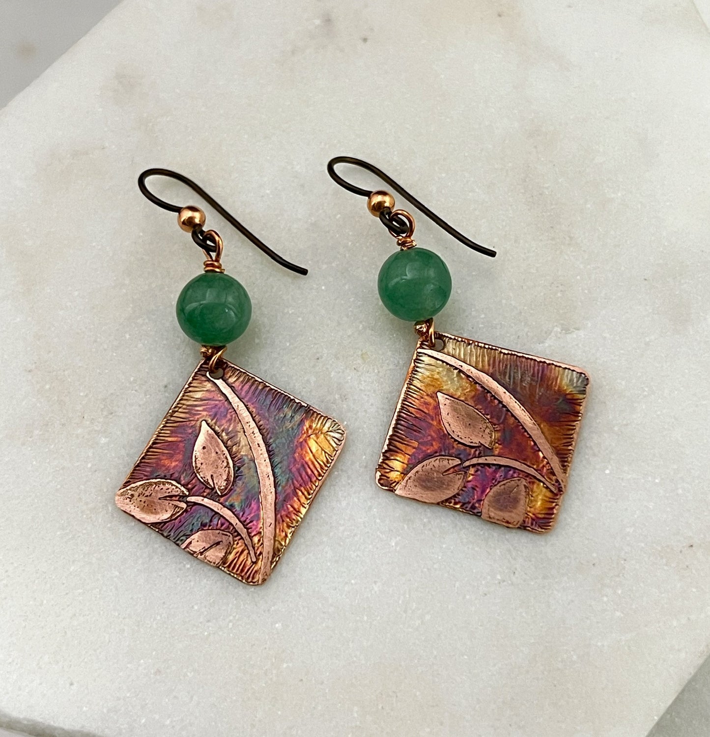 Acid etched copper earrings with aventurine gemstones