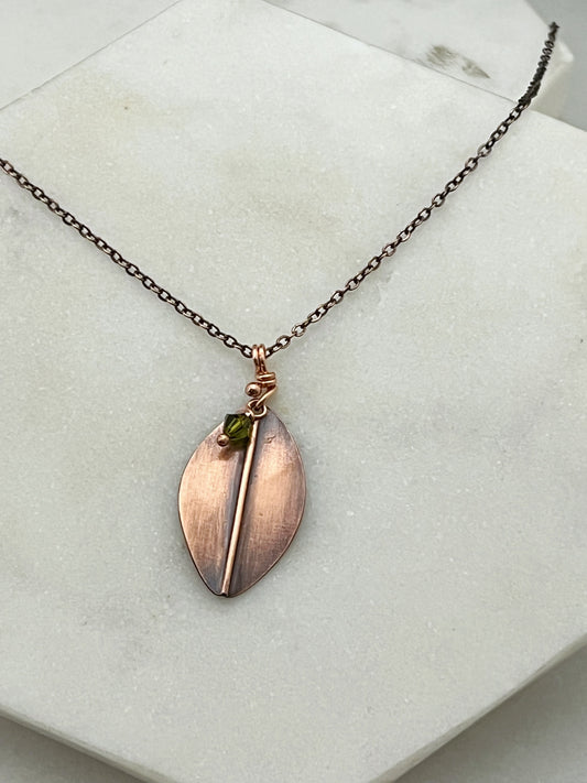 Copy of Hand forged copper leaf necklace with olivine gemstone