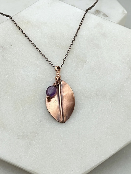 Hand forged copper leaf necklace with amethyst gemstone